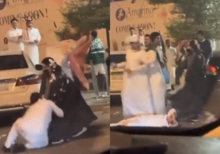A Saudi girl violently assaults a young man who teased her