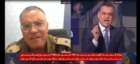"Al Jazeera Direct" anchor Ahmed Taha hosts Israeli army spokesperson Avichay Adraee to comment on the "Al-Aqsa Deluge" operation
