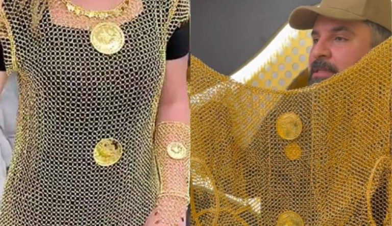A Kuwaiti jeweler presented a dress made of pure gold on the occasion of Valentine's Day, which falls tomorrow, February 14th, at his shop located in Mubarakiya Market in the capital of Kuwait, sparking widespread debate on social media. The jeweler, known as "Abu Yousef," shared a video on his official Instagram account, captured by a local news outlet, showcasing this unique dress, describing it as the latest fashion trend in Kuwait. A Dress Made of Gold at a Fantastic Price
