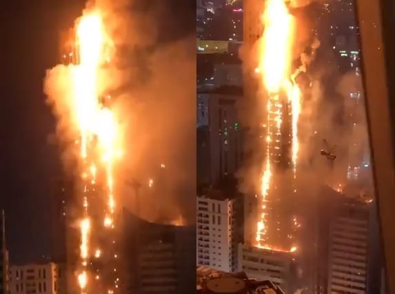 حريق هائل يلتهم برجاً سكنياً في إمارة الشارقة الإماراتية