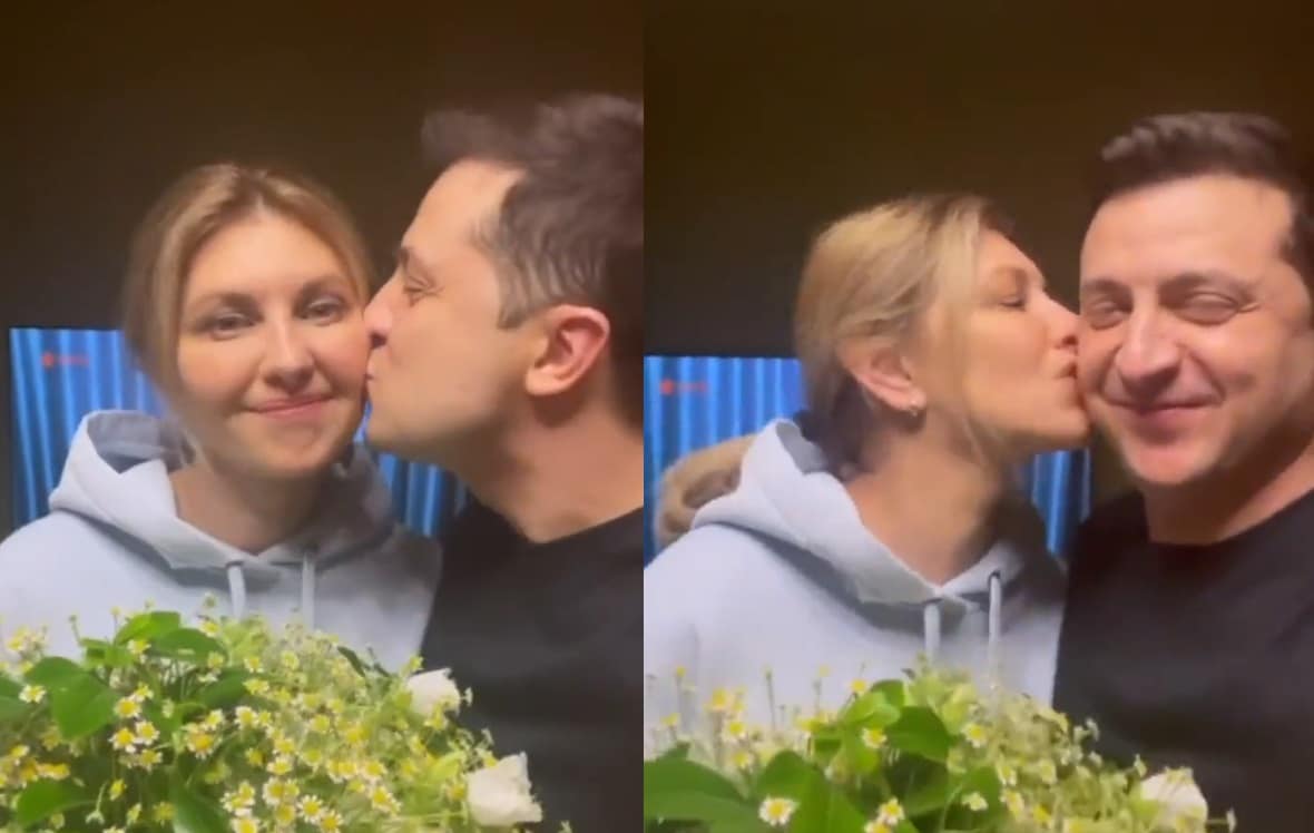 الرئيس الأوكراني فولوديمير زيلينسكي يتبادل القبل مع زوجته بمناسبة عيد الحب watanserb.com