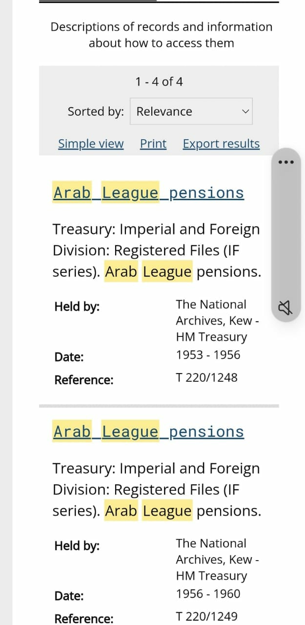 "رواتب تقاعد جامعة الدول العربية" كما يظهر بالتعريف بالملفين من خلال موقع الأرشيف البريطاني.
