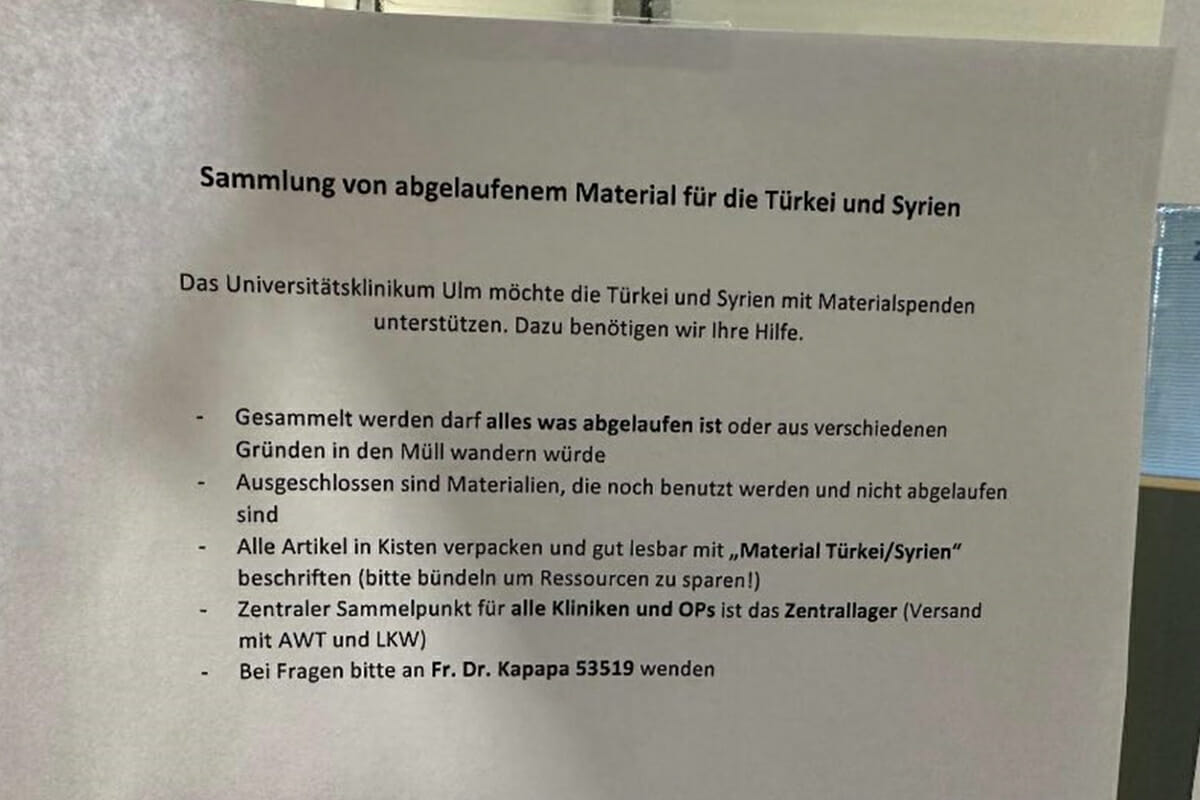 إعلان صادر عن مستشفى جامعة أولم الالمانية بالتبرع لضحايا الزلزال بمنتجات منتهية الصلاحية