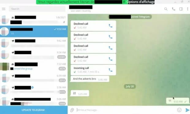 أرسلت حنان رسالة Telegram تتكون فقط من الرقم 11 إلى أحد جهات اتصال ضحية القرصنة. تصوير: هآرتس / TheMarker / راديو فرنسا