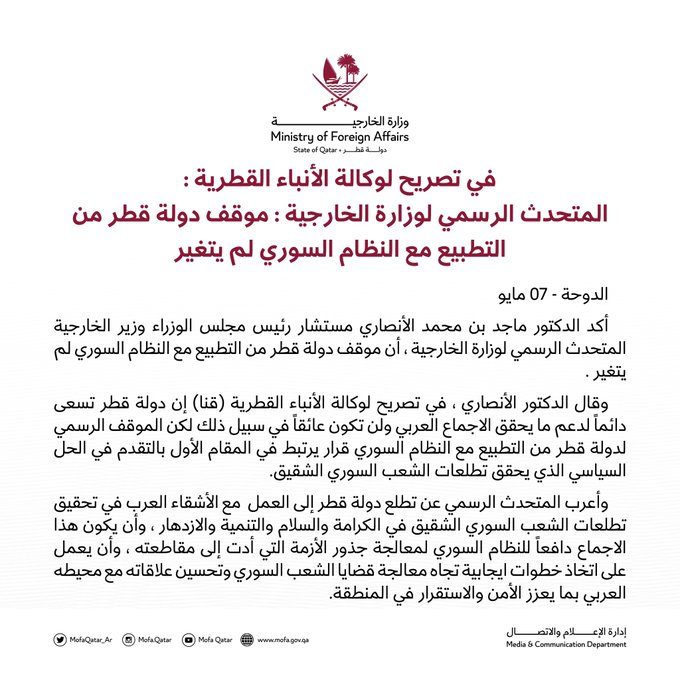 قطر ترفض التطبيع مع سوريا بعد قرار جامعة الدول العربية