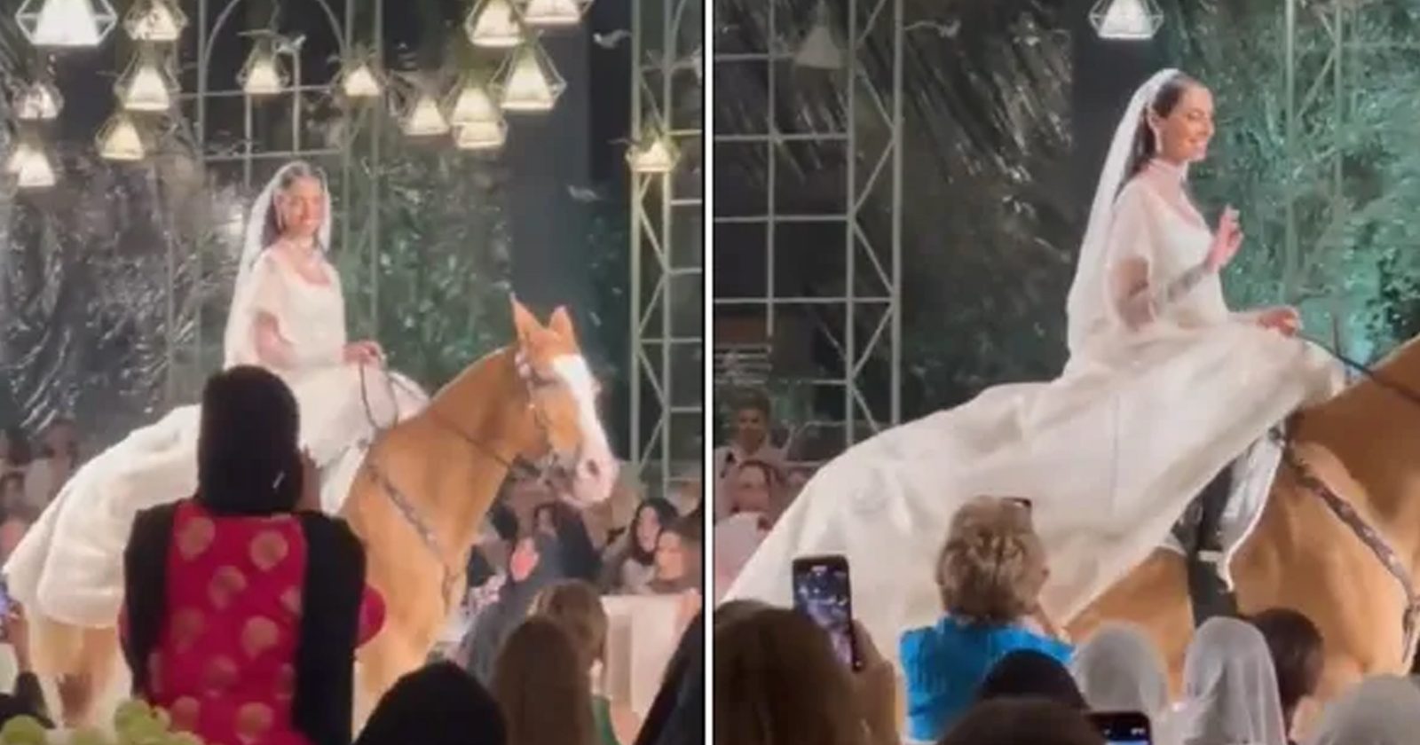 عروس تدخل قاعة زفافها على ظهر حصان