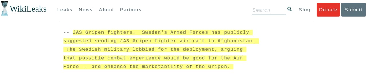 طلبت السويد من حلف الناتتو قصف أفغانستان بطائرتها جاس غربين من أجل تسويقها تجاريا!