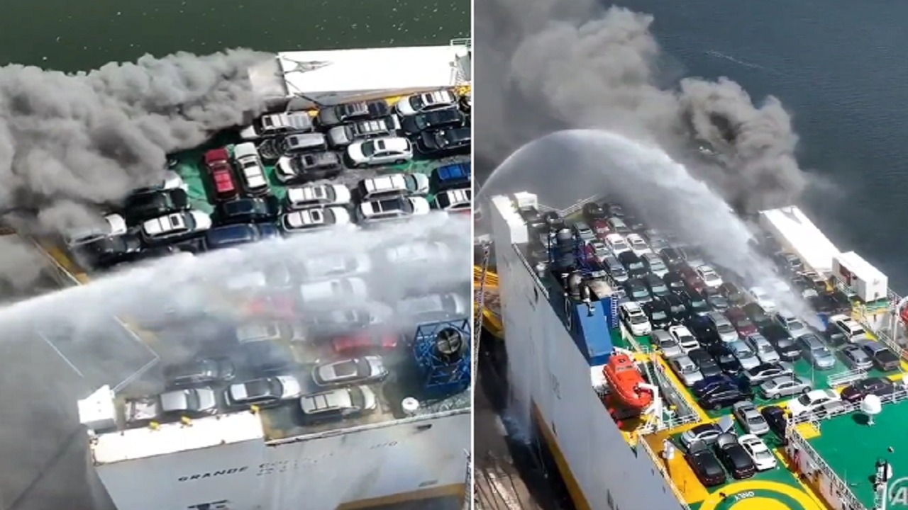 حريق في سفينة شحن ميناء نيوارك
