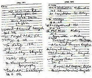 جزء من دفتر مذكرات اللواء فرمان علي عثر عليها في حطام منزل الحاكم العام في باكستان الشرقية، في إحدى صفحاتها قائمة بأسماء المثقفين وقد وضعت علامة الموت أمام من تم قتله او في طريقه للقتل، كما تضمنت أقسام الجامعة ورقم المبنى ورقم الشقة، وأسم البروفسور مع قسمه الذي يقوم بالتدريس به.