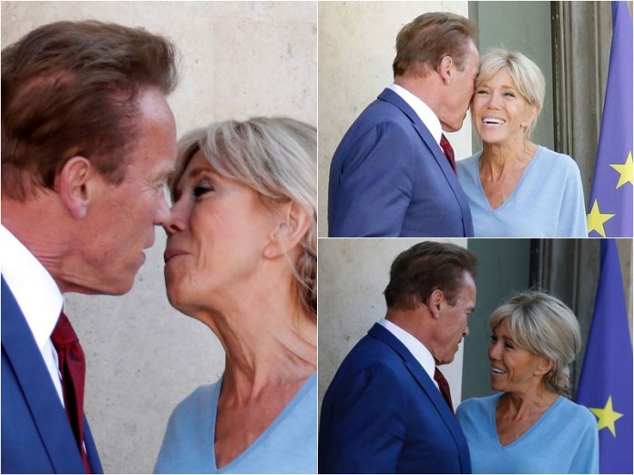 أرنولد شوارزينجر وهو يُقبّل زوجة الرئيس الفرنسيبريجيت ماكرون