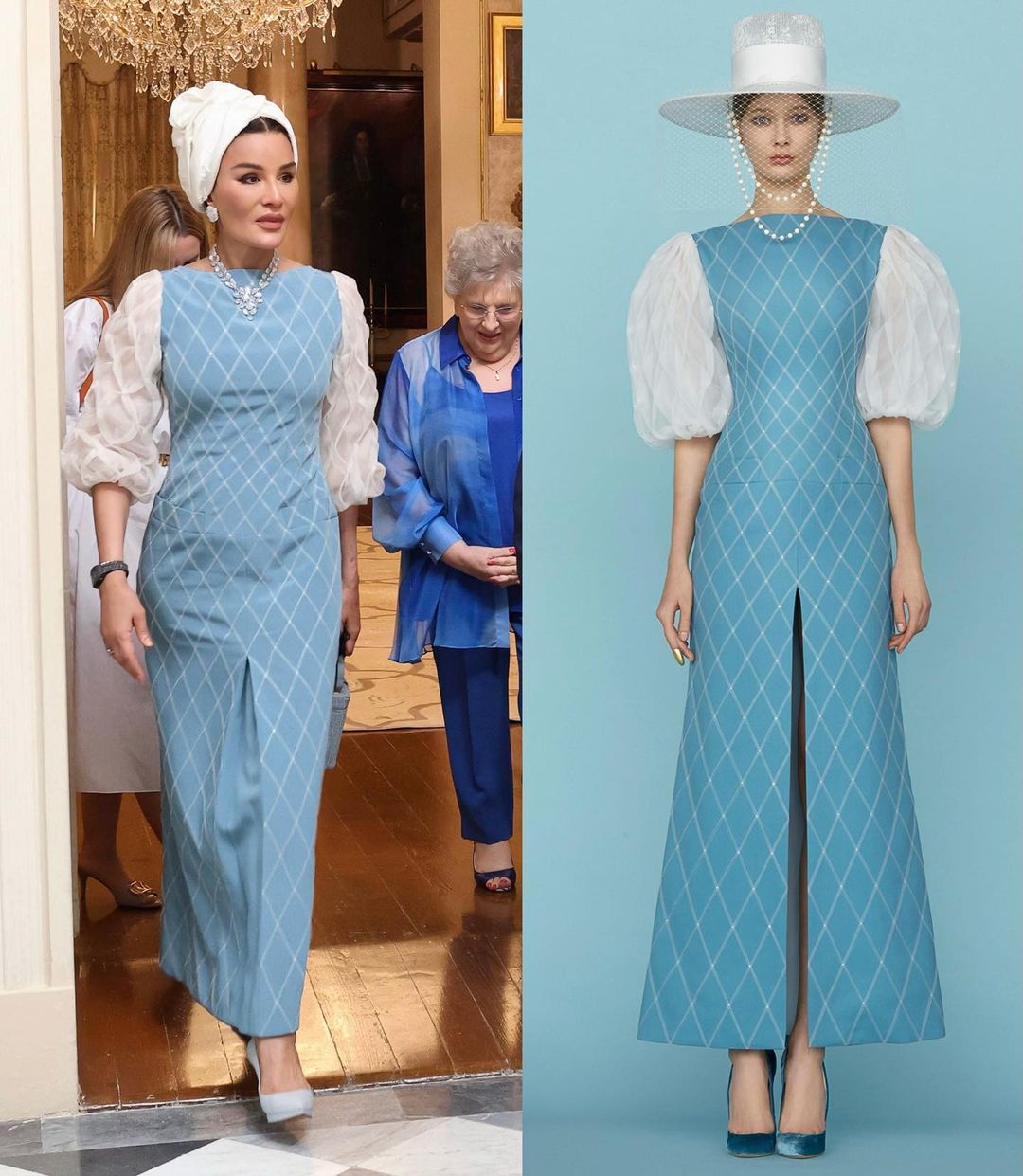 ظهور الشيخة موزا وهي ترتدي فستانا باللون الأزرق والأبيض في مالطا