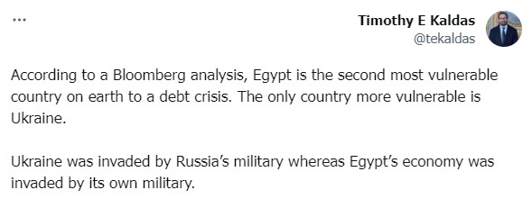 قال المحلل المصري تيموثي إي كالداس تعد مصر ثاني أكثر الدول عرضة لأزمة الديون