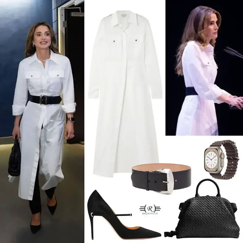 ارتداء الملكة رانيا قميص أبيض بسيط وطويل ومفتوح من الأسفل مصنوع من قماش البوبلين القطني بطيات وحزام أسود أنيق