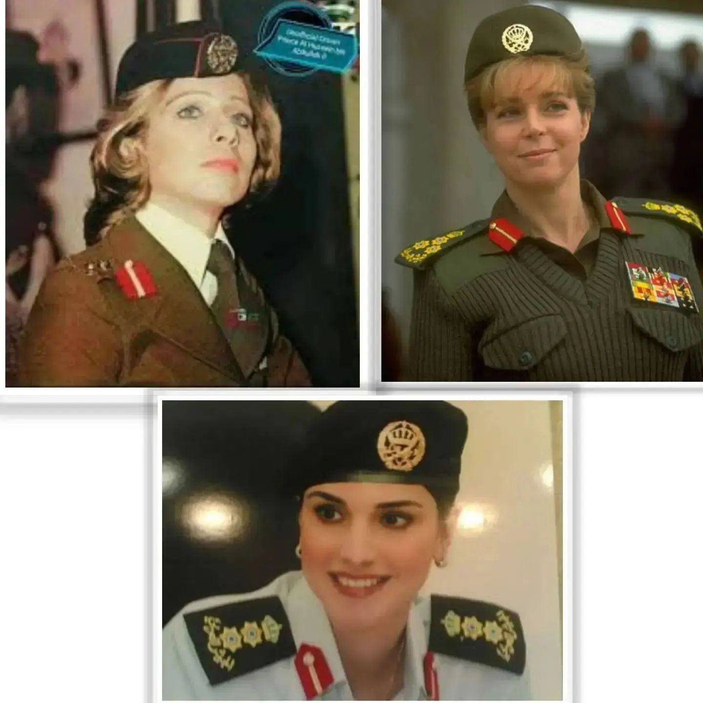 الملكة رانيا وهي بالزي العسكري، كما ظهرن الملكتين السابقتين، الراحلة علياء طوقان والملكة نور، زوجتي الملك الراحل الحسين بن طلال