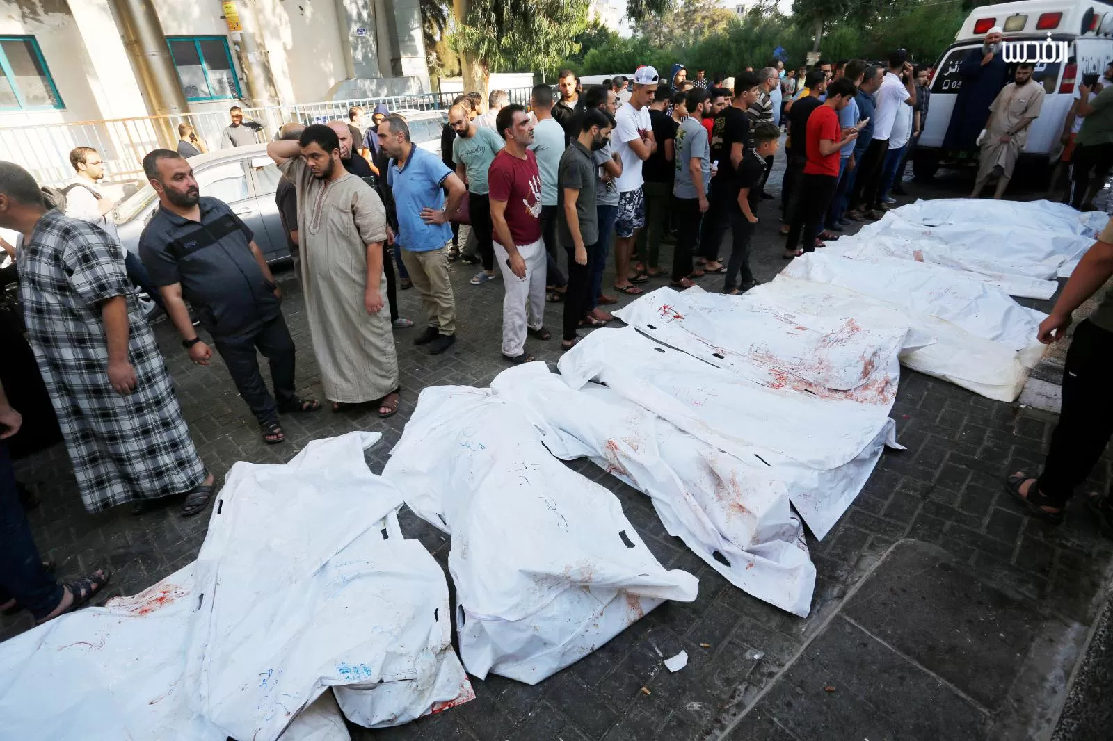 جثامين شهداء فلسطنيين على رصيف مستشفى دار الشفاء