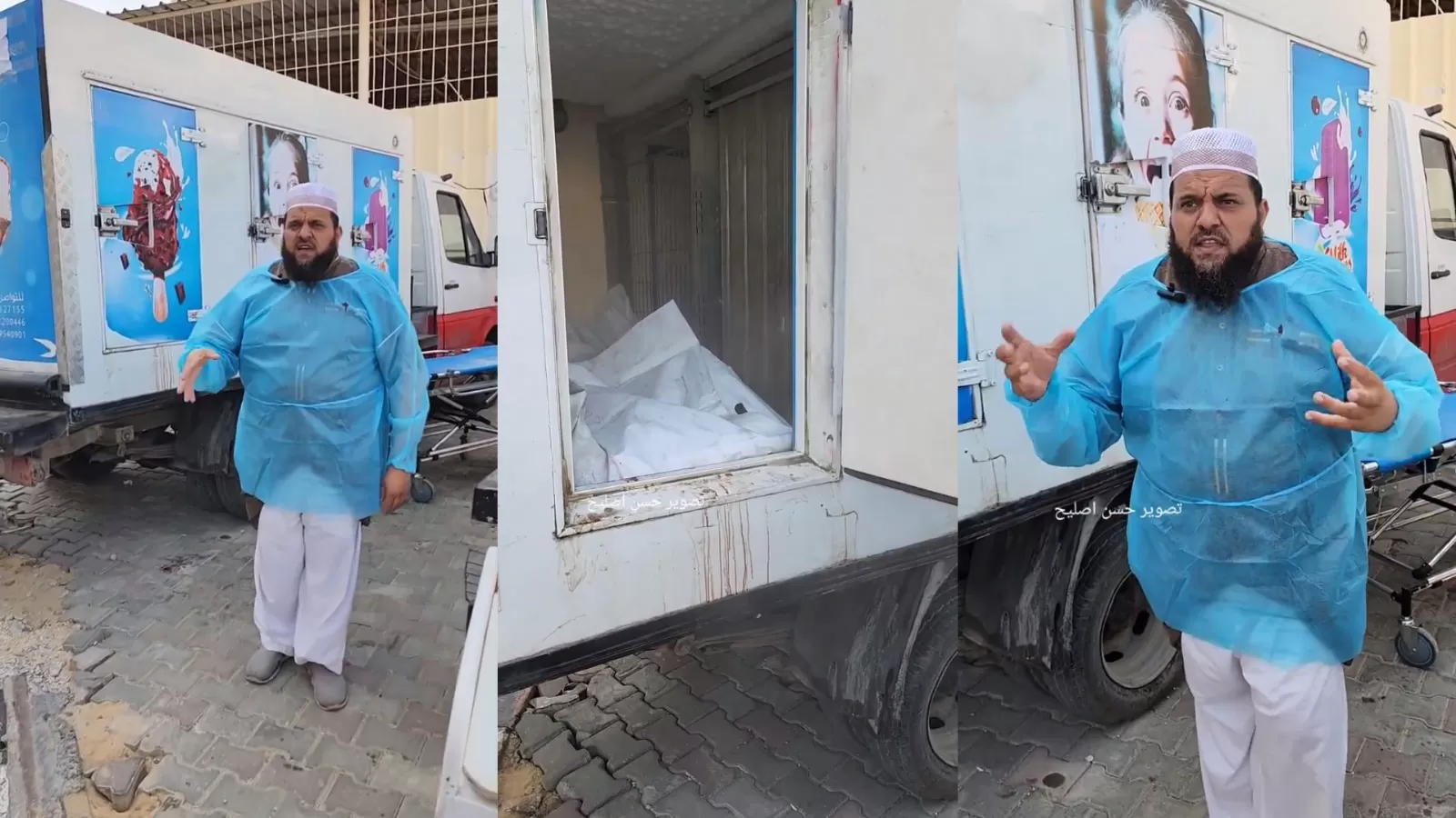 مسؤول من مستشفى شهداء الأقصى بمدينة دير البلح بجانب ثلاجات الآيس كريم
