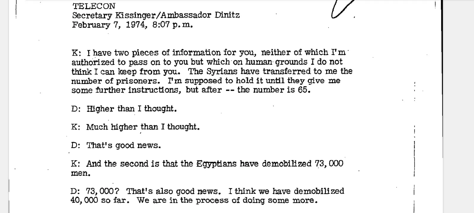 اتصال هاتفي بين كيسنجر والسفير الإسرائيلي سيمكا دينيتز. ٦ فبراير ١٩٧٤. وزراة الخارجية الأمريكية