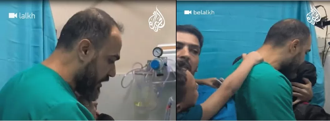 الطبيب الفلسطيني فادي الخضري يواسي عائلته التي أصيبت في غارة إسرائيلية