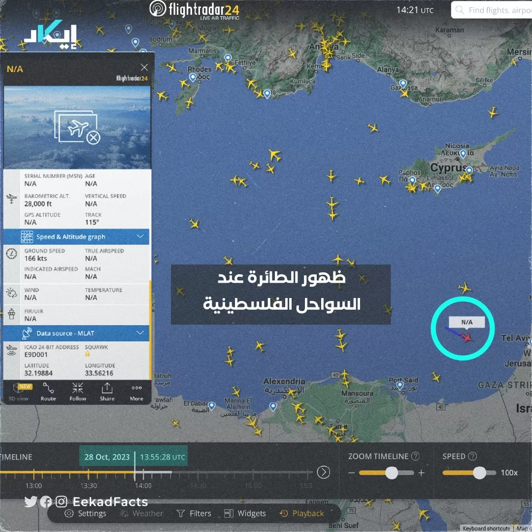 بيانات برنامج مراقبة حركة الملاحة الجوية flightradar24 يوم الجمعة 28 سبتمبر يوثق ظهور المسيرة المجهولة عند السواحل الفلسطينية
