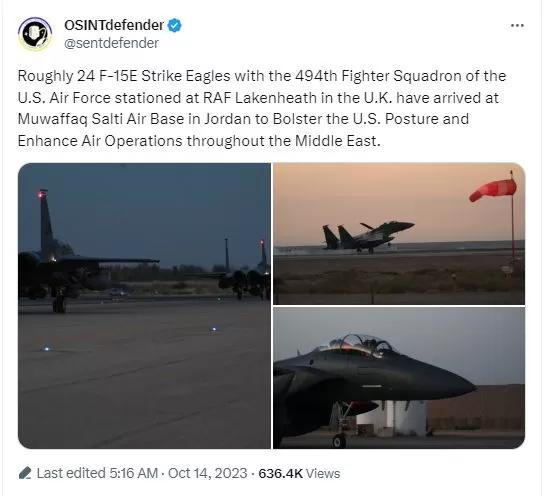 تغريدة منظمة OSINTdefender حول المقاتلات الأمريكية F15 المرسلة إلى قاعدتها الجوية بالأردن