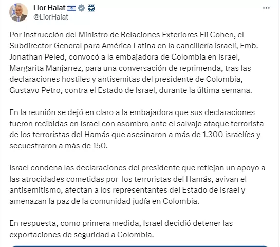 تغريدة المتحدث باسم الخارجية الإسرائيلية ليئور حيات حول دعوة السفير الكولومبي لتوبيخه