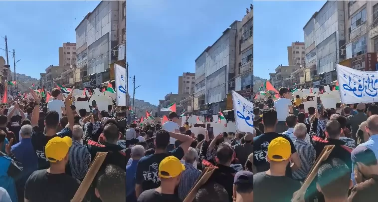 أردنيون يحملون الأعلام الفلسطينية في تظاهرة دعما للمقاومة الفلسطينية