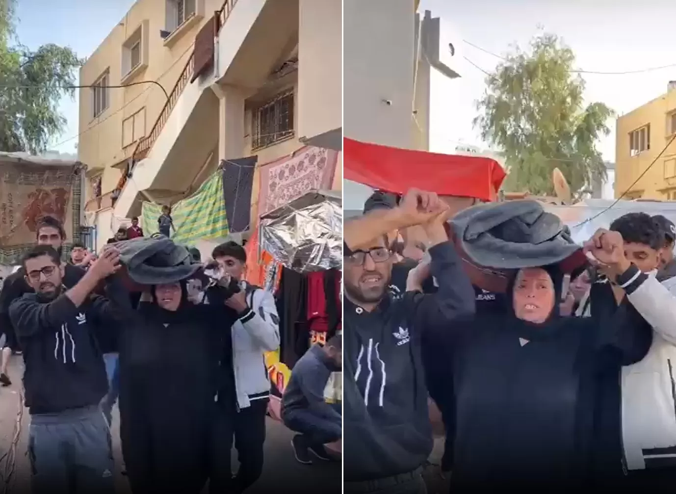 أم فلسطينية تحمل جثمان ابنها الشهيد في غزة