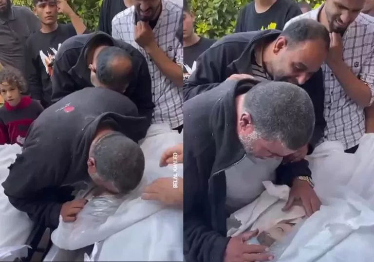 وداع فلسطيني لطفله ارتقى بقصف الاحتلال بغزة