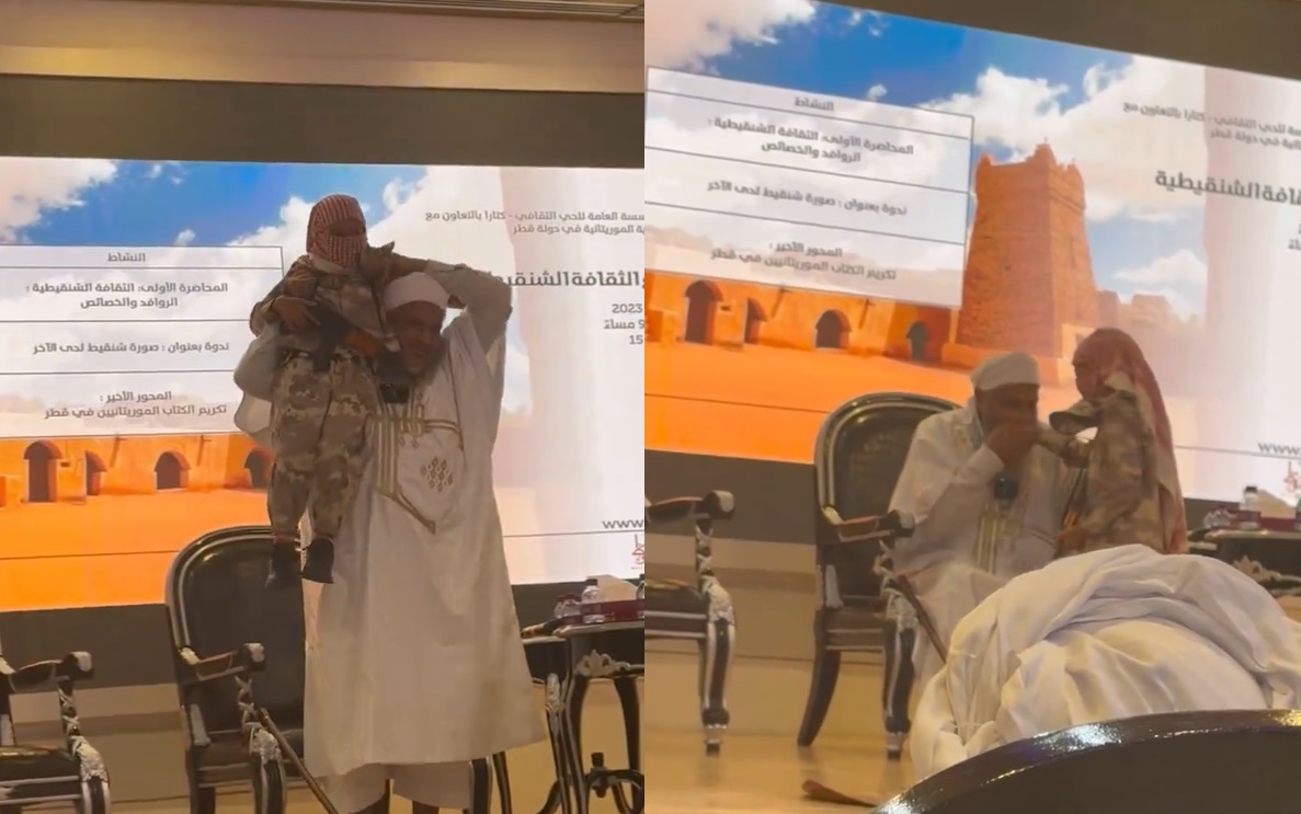 العلامة محمد الحسن الددو يحتفي بطفل يرتدي لباس كلباس أبو عبيدة