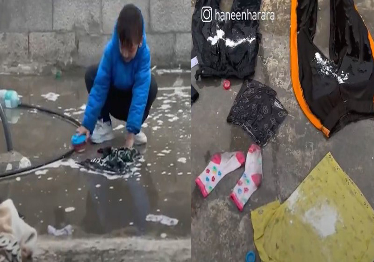 عائلات فلسطينية تستخدم مياه الأمطار في غسل الملابس بغزة
