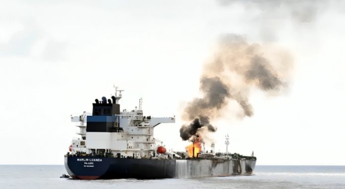حريق في سفينة هاجمها الحوثيون