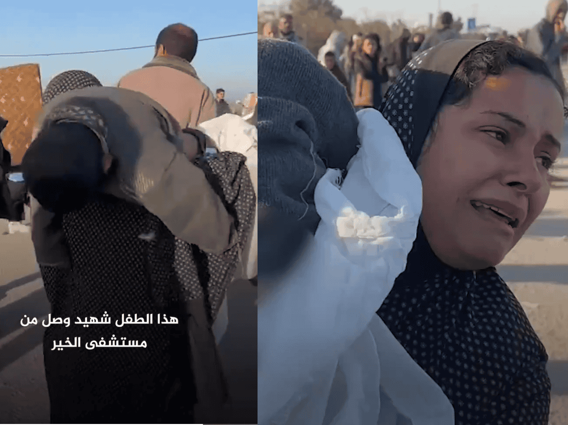 سيدة تحمل جثة ابنها الشهيد أثناء هروبها من القصف