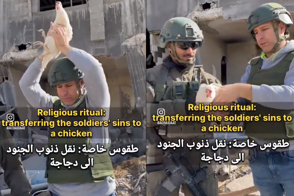 طقوس تلمودية لجنود الاحتلال عبر الإمساك بدجاجة بيضاء ووضعها فوق رؤوسهم اعتقاداً منهم أنهم ينقلون ذنوبهم إليها