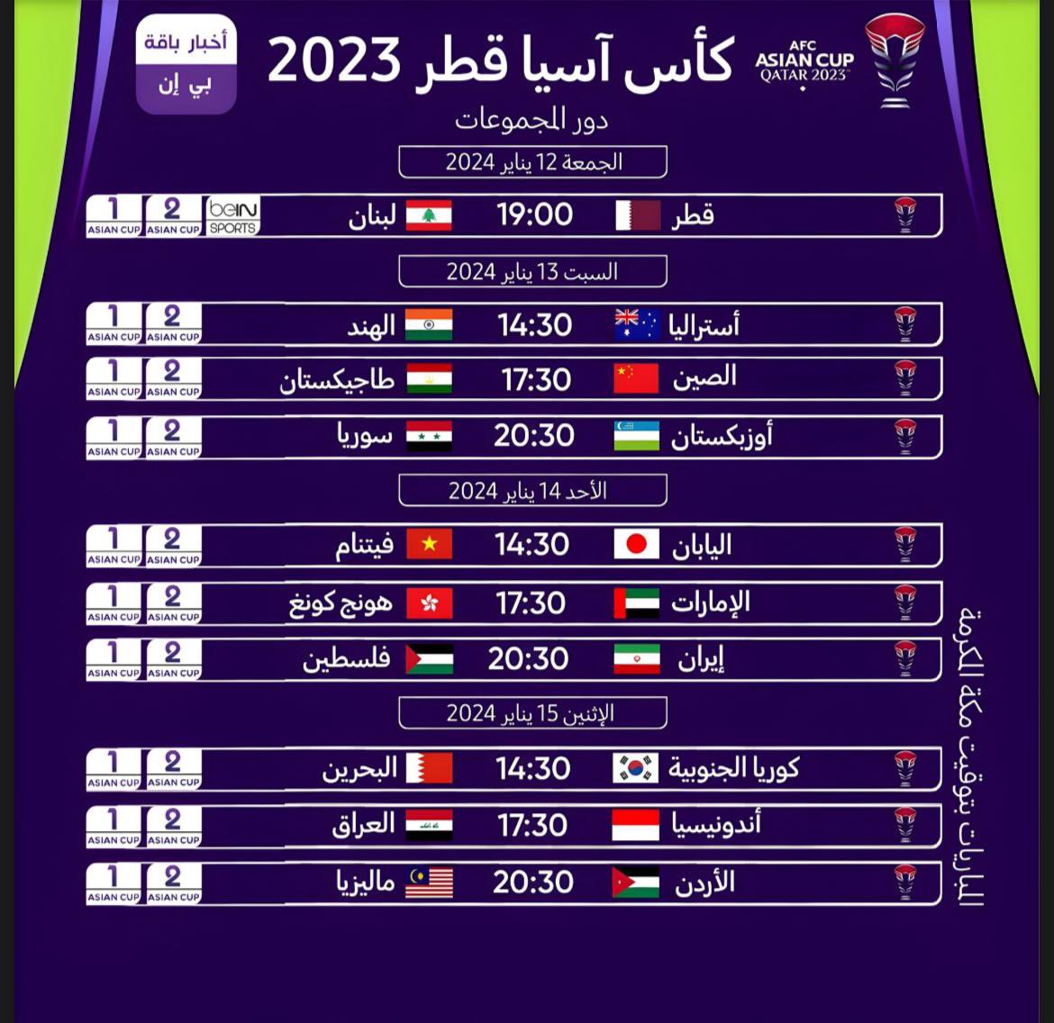 جدول كأس آسيا 2024 قطر