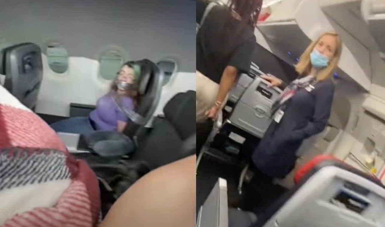امرأة مربوطة بشريط لاصق إلى مقعدها في طائرة