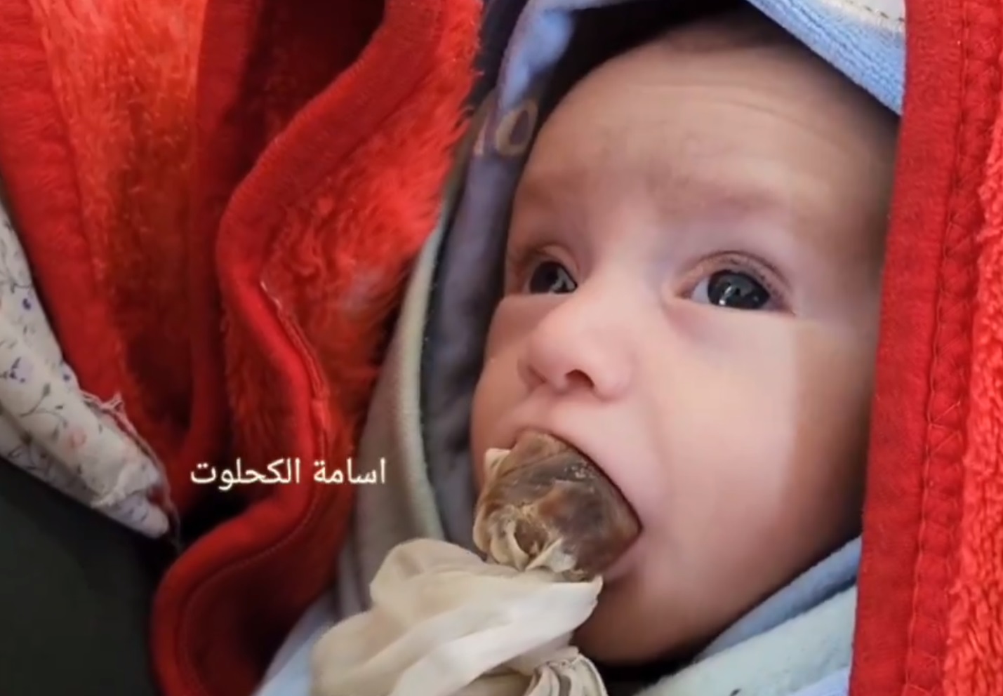 سيدة تضع تمرة في فم الرضيع بغزة
