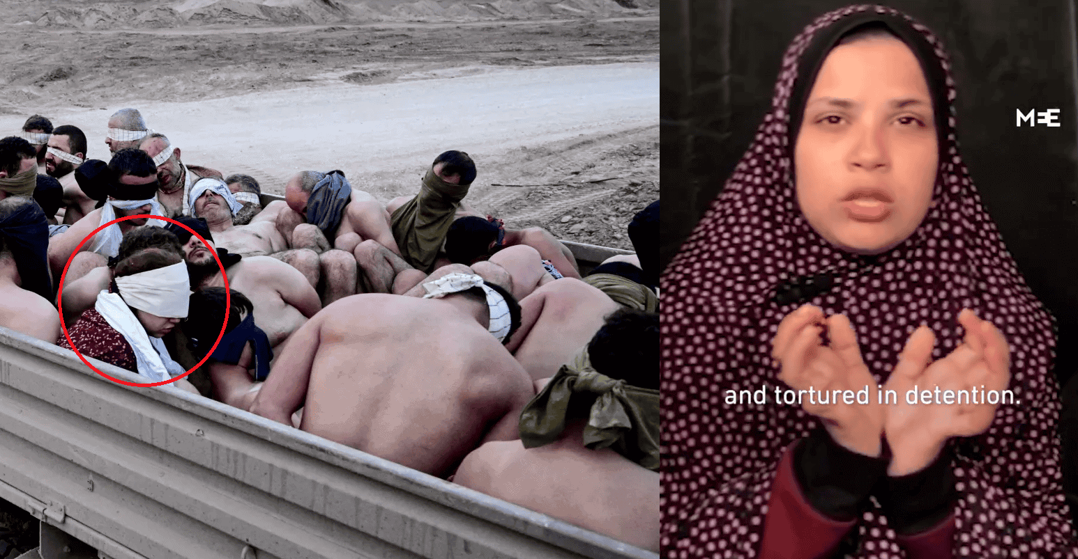 "تعذيب وتفتيش عار وحقن هلوسة".. السيدة التي ظهرت وسط المعتقلين الرجال بشاحنة الاحتلال تكشف تفاصيل مروعة