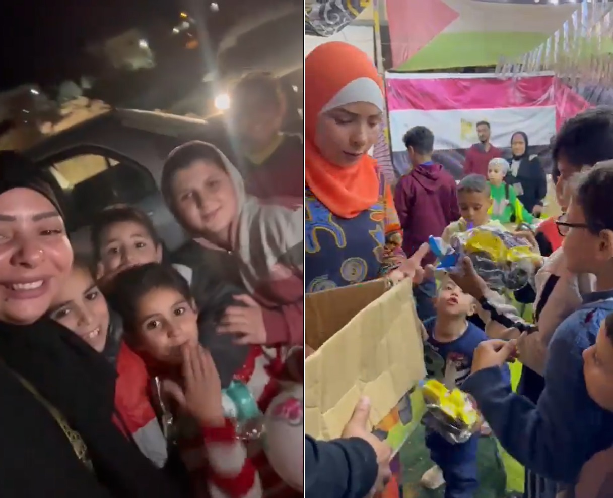 الصحفية المصرية أسماء خليل مع أطفال غزة في العريش