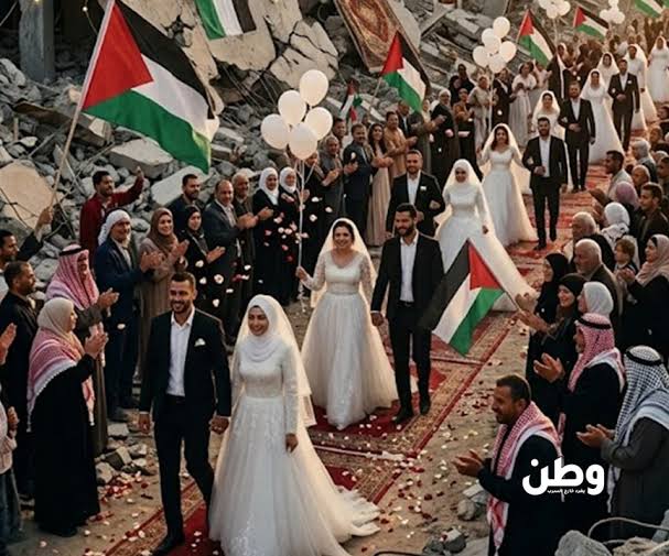 أفراح الشمال من قلب الركام.. 150 عريساً وعروساً يكتبون وثيقة الحياة فوق أنقاض غزة أفراح الشمال من قلب الركام.. 150 عريساً وعروساً يكتبون وثيقة الحياة فوق أنقاض غزة